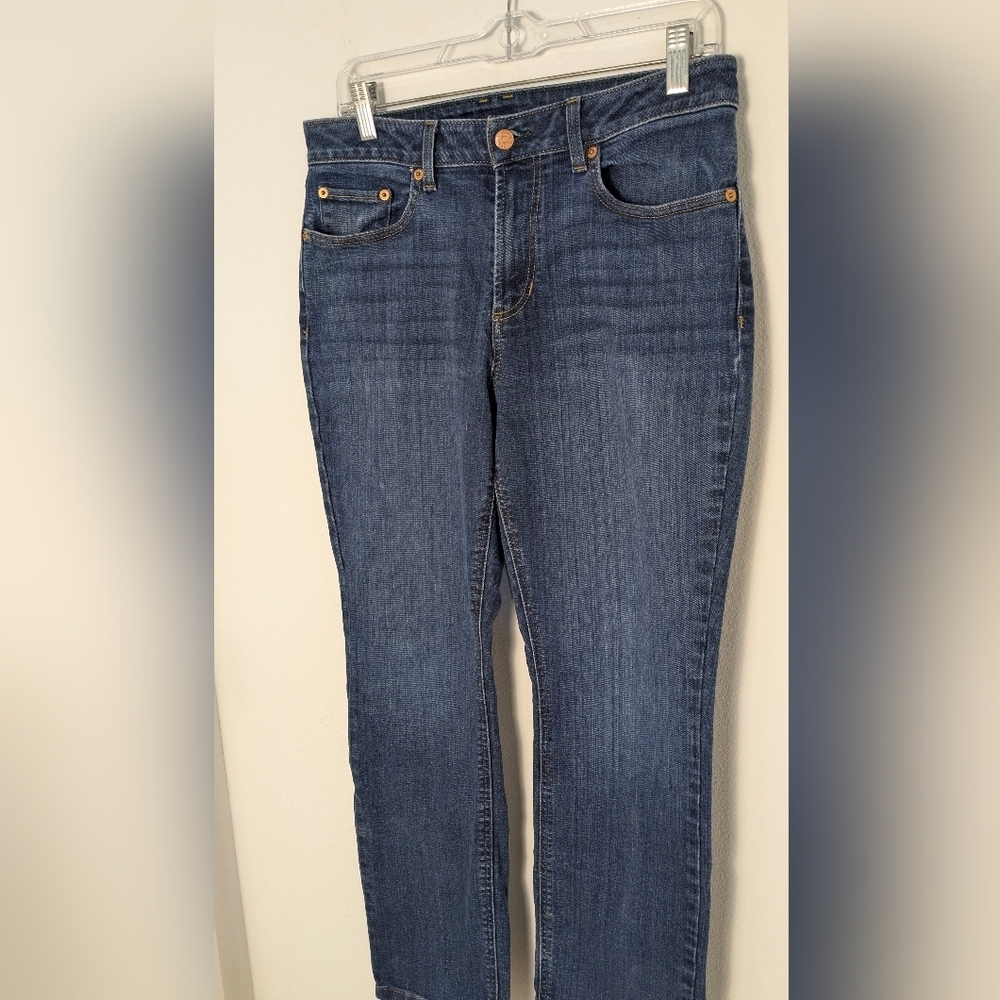 L.L Bean Women's Flex Straight Leg Favorite Fit Jeans Size 12 Petites Blue EUC - Picture 3 of 15